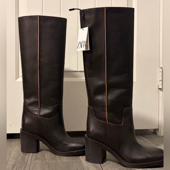 Zara Wide Heeled Leather Boots 39 - Picture 8 of 12